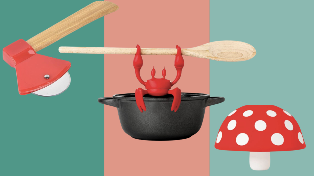 pizza cutter axe, crab spoon holder, mushroom funnel