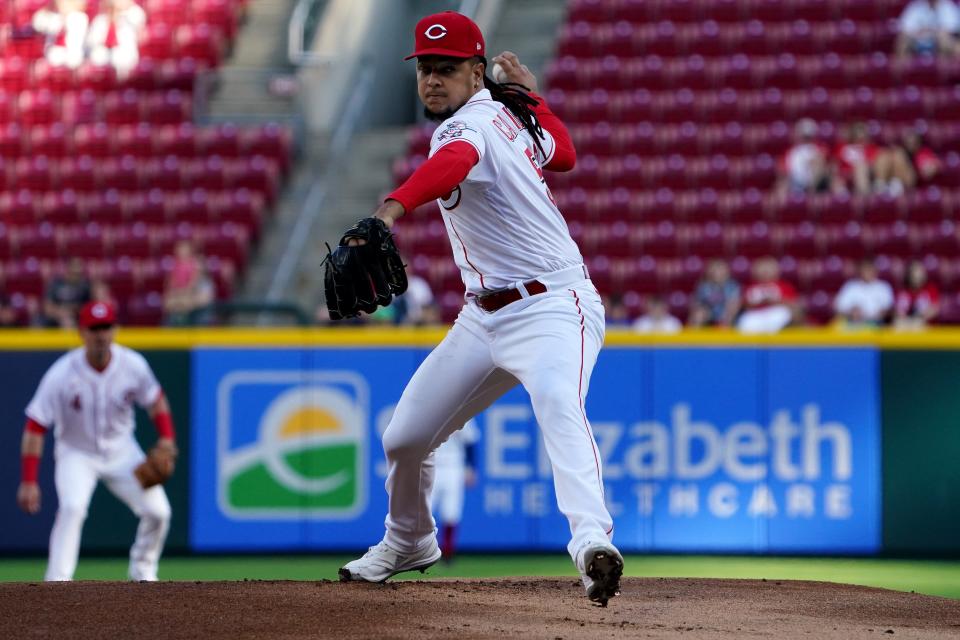 Cincinnati Reds starting pitcher Luis Castillo (58) delivers in the first inning of a baseball game against the Milwaukee Brewers, Monday, May 9, 2022, at Great American Ball Park in Cincinnati. 