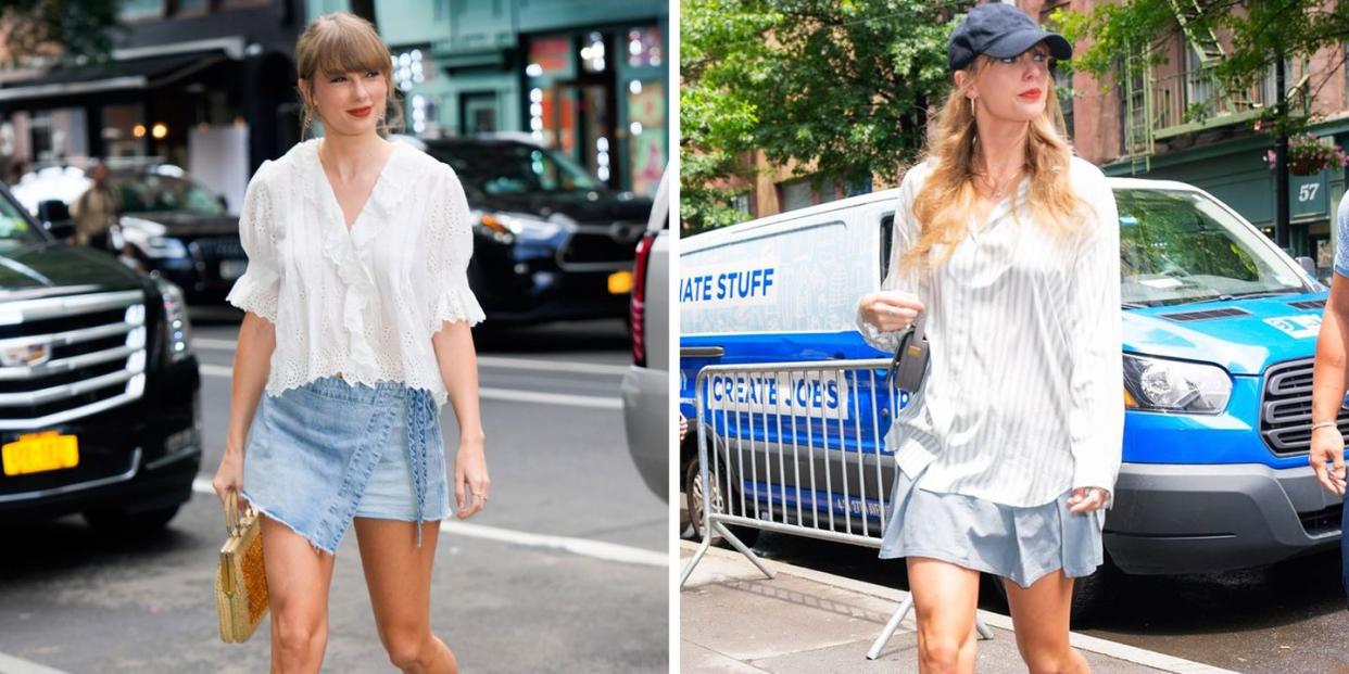 a collage of taylor swift wearing two free people skorts while walking into her recording studio in new york city