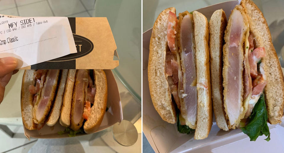 A picture of a Classic Chicken burger also purchased by Joseph Kim. His daughter had been eating this burger but also found the meat inside to be pink.