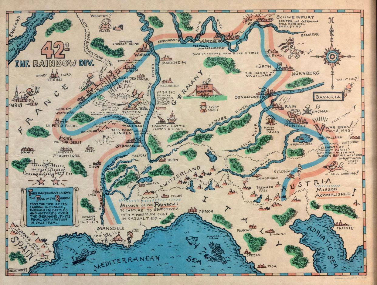 A poster showing the path of the 42nd Infantry Division in World War II, which included Allan Ostar, now 99 years old and living in Tinton Falls, who helped liberate the Dachau death camp.