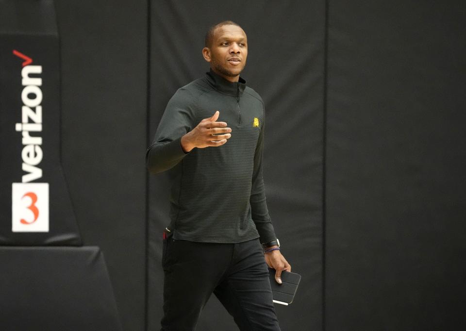 Phoenix Suns general manager James Jones during training camp at the Verizon 5G Performance Center facility in Phoenix on Oct. 4, 2023.