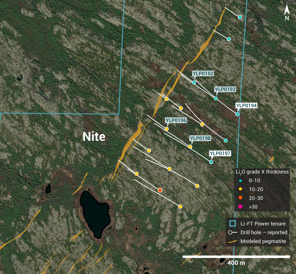 Plan view showing the surface expression of the Nite pegmatite with diamond drill holes reported in this press release.