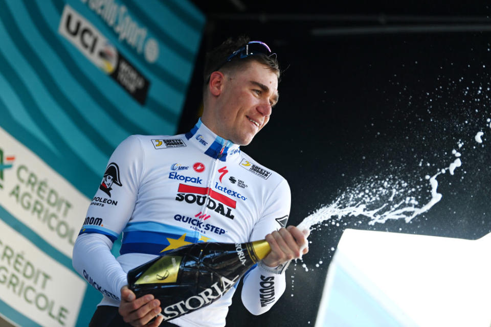 FOLLONICA ITALY  MARCH 07 Fabio Jakobsen of The Netherlands and Team Soudal QuickStep celebrates at podium as stage winner during the 58th TirrenoAdriatico 2023 Stage 2 a 210km stage from Camaiore to Follonica  TirrenoAdriatico  on March 07 2023 in Follonica Italy Photo by Tim de WaeleGetty Images