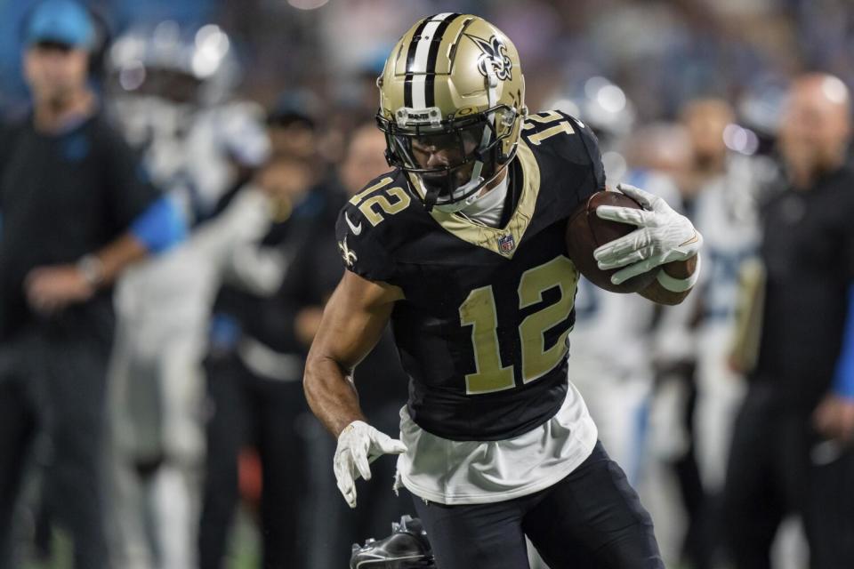 New Orleans Saints wide receiver Chris Olave plays against the Carolina Panthers.