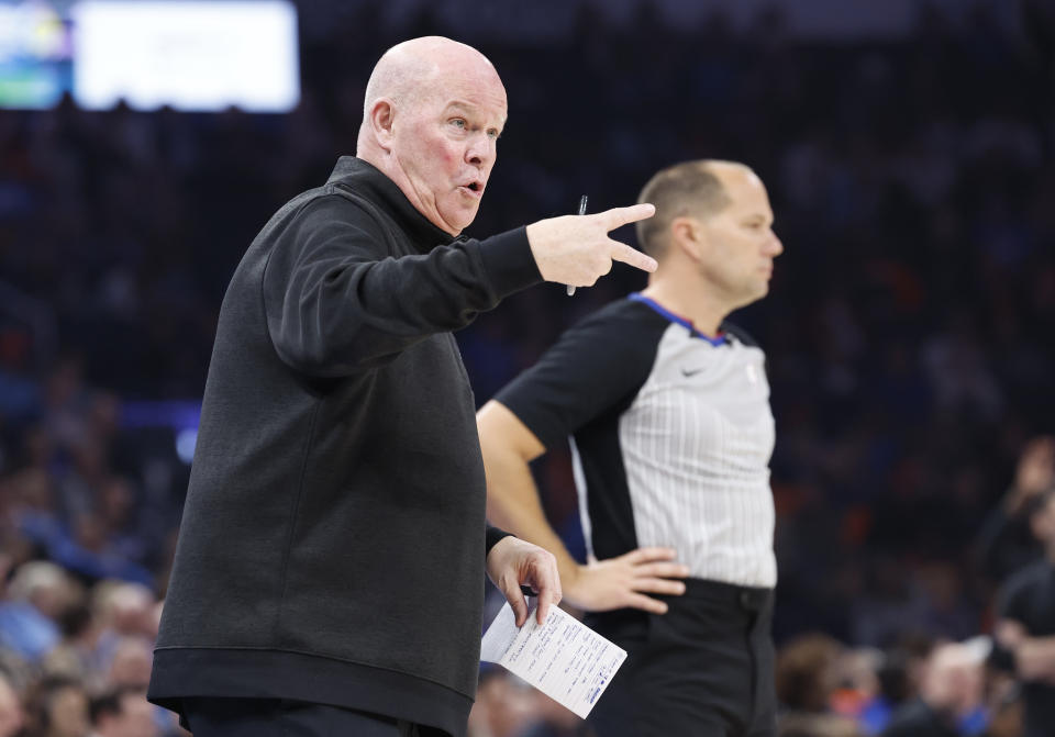 Feb 2, 2024; Oklahoma City, Oklahoma, USA; Charlotte Hornets head coach Steven Clifford gestures to his team on a play against the Oklahoma City Thunder during the second quarter at Paycom Center. Mandatory Credit: Alonzo Adams-USA TODAY Sports