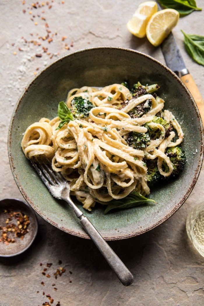 Surprise: This recipe uses hummus in the sauce, for a lighter take on Alfredo.<br /><br /><strong>Get the <a href="https://www.halfbakedharvest.com/no-guilt-broccoli-fettuccine-alfredo/?highlight=pasta" target="_blank">No-Guilt Broccoli Fettuccine Alfredo </a>recipe from Half Baked Harvest</strong>