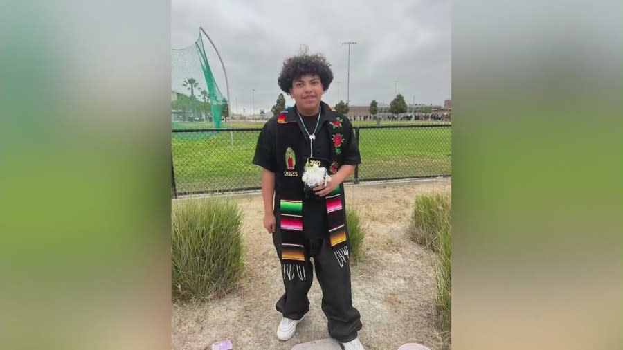 14-year-old Aydan Rodriguez was shot and killed in San Bernardino on March 27. His mother is searching for answers and spoke to KTLA on April 7, 2024. (Denise Gutierrez)