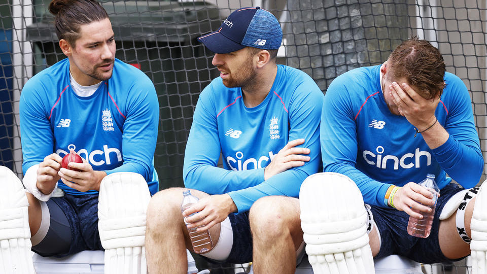 Rory Burns, Jack Leach and Dom Bess, pictured here during an England training session.