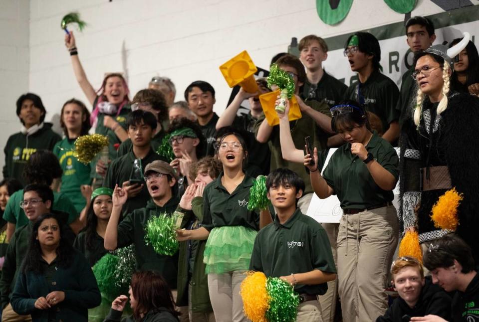 Supporters of Vanden High School from Fairfield cheer on their team RoboVikes during the FIRST Robotics Competition at Pleasant Grove High School in Elk Grove on Friday.