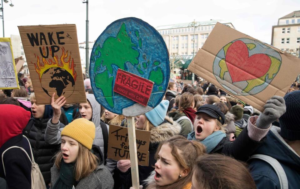 Pupils demonstrate with posters for climate protection in front of the city hall in Hamburg, northern Germany (AFP/Getty Images)