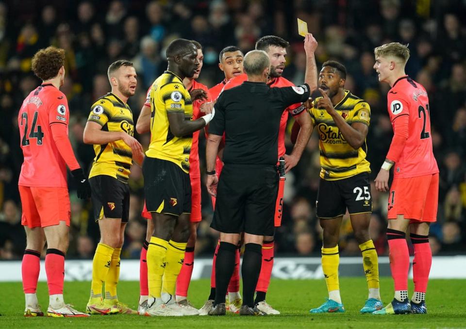 Emmanuel Dennis (second right) was sent off for the hosts (Nick Potts/PA) (PA Wire)