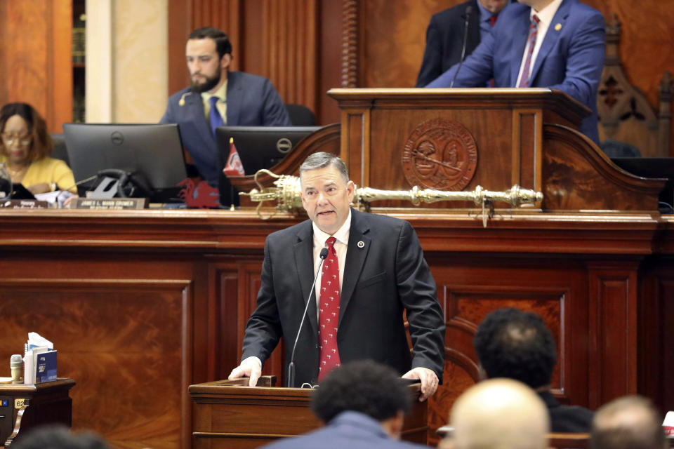 South Carolina Rep. John McCravy, R-Greenwood, talks about a total ban on abortion he has proposed during the House session on Tuesday, Aug. 30, 2022, in Columbia, S.C. (AP Photo/Jeffrey Collins)