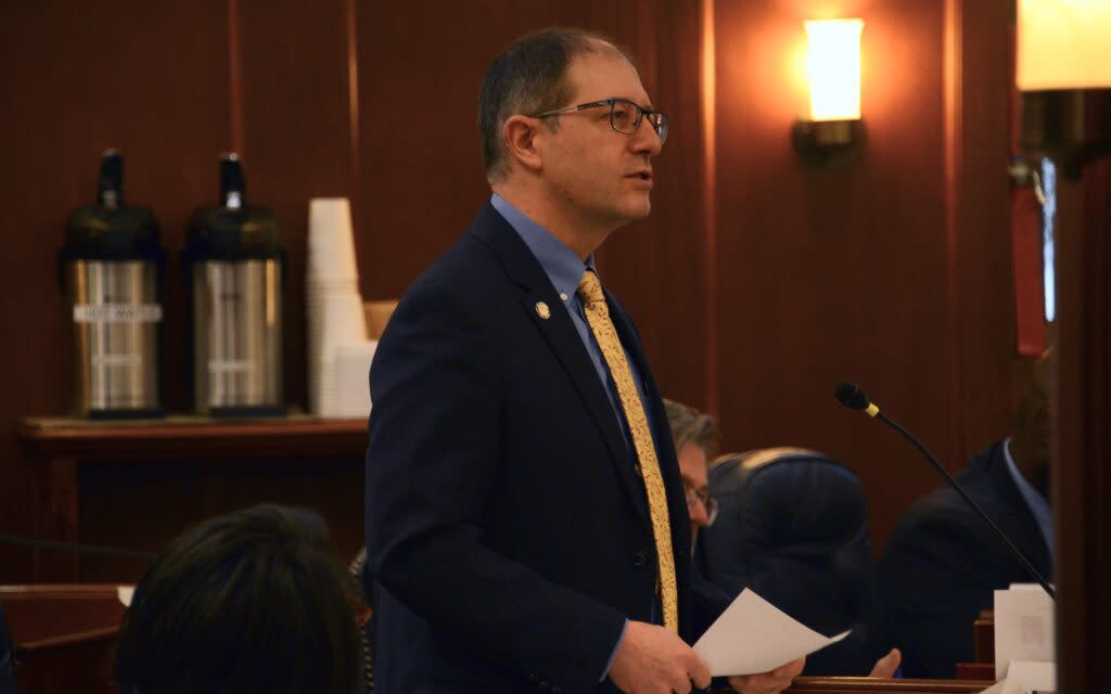 Sen. Jesse Kiehl, D-Juneau, discusses Senate Bill 10 on Wednesday, Feb. 15, 2023, at the Alaska State Capitol in Juneau. The Senate approved the bill unanimously. (Photo by James Brooks/Alaska Beacon)