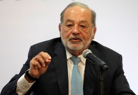 FILE PHOTO: Mexican billionaire Carlos Slim looks on during a news conference in Mexico City, Mexico, April 16, 2018. REUTERS/Henry Romero