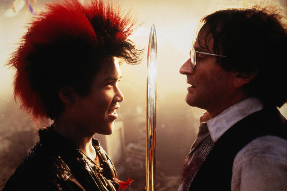 Actors Dante Basco and Robin Williams on the set of the film Hook, directed by Steven Spielberg. (Photo by Murray Close/Sygma/Sygma via Getty Images)