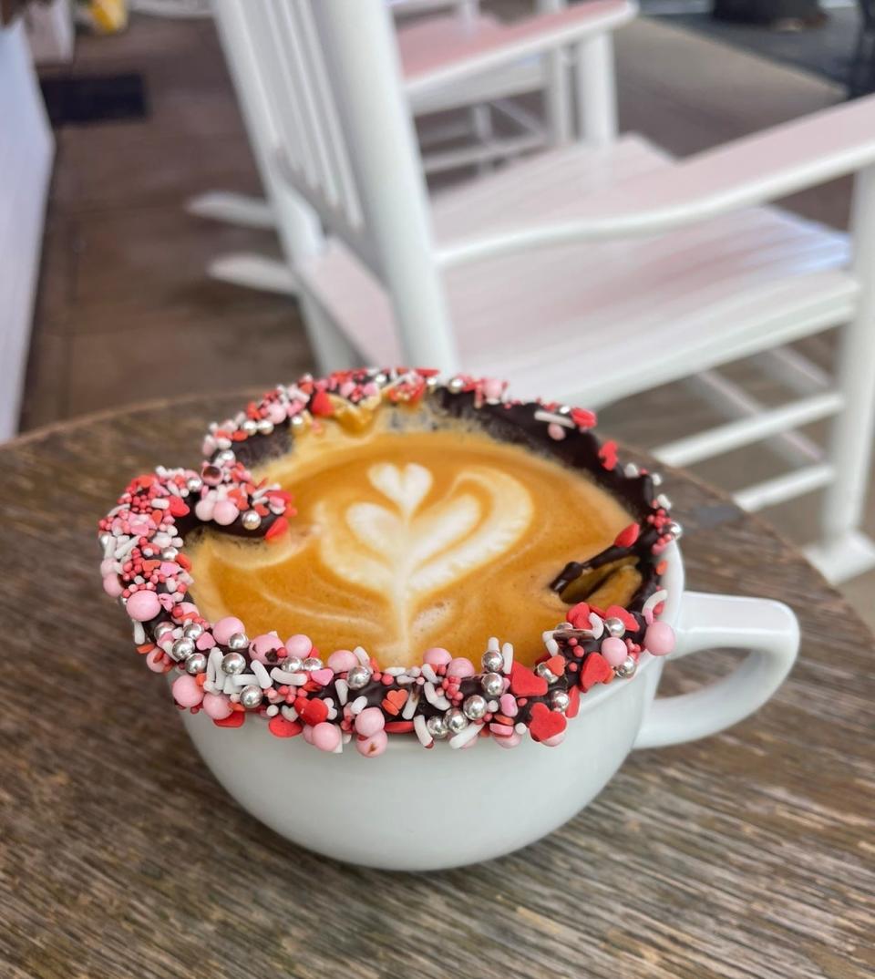 A Valentine's Day themed latte served in a freshly baked waffle cup at Almost Home General in Lincroft.