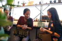 Anna (C), 11, and Yuna Cheung (R), 11, from Great Britain hold hedgehogs as their mother Kimberly Russel watches at the Harry hedgehog cafe in Tokyo, Japan, April 5, 2016. REUTERS/Thomas Peter