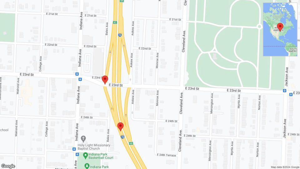 A detailed map that shows the affected road due to 'Kansas City: East 23rd Street temporarily closed' on July 18th at 12:19 p.m.