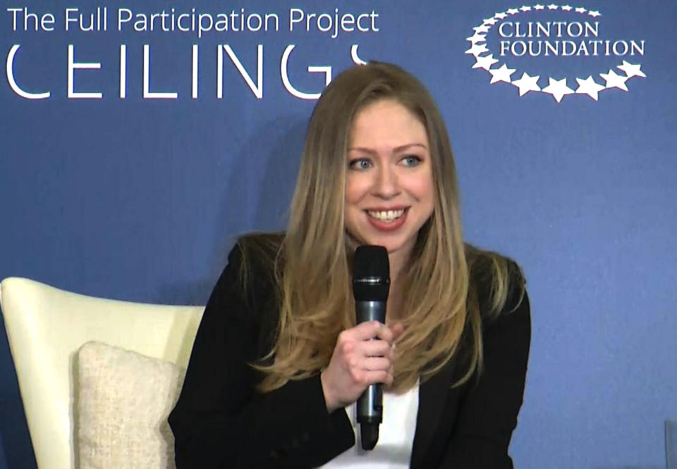 In this image taken from video, Chelsea Clinton speaks to the audience as she co-hosts “Girls: A No Ceilings Conversation,” in New York, Thursday, April 17, 2014. The daughter of former president Bill Clinton and former Secretary of State Hillary Rodham Clinton, announced at the event that she is pregnant with her first child. (AP Photo/Ted Shaffrey)