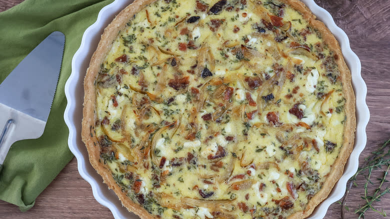 fully baked whole bacon, onion, and goat cheese quiche