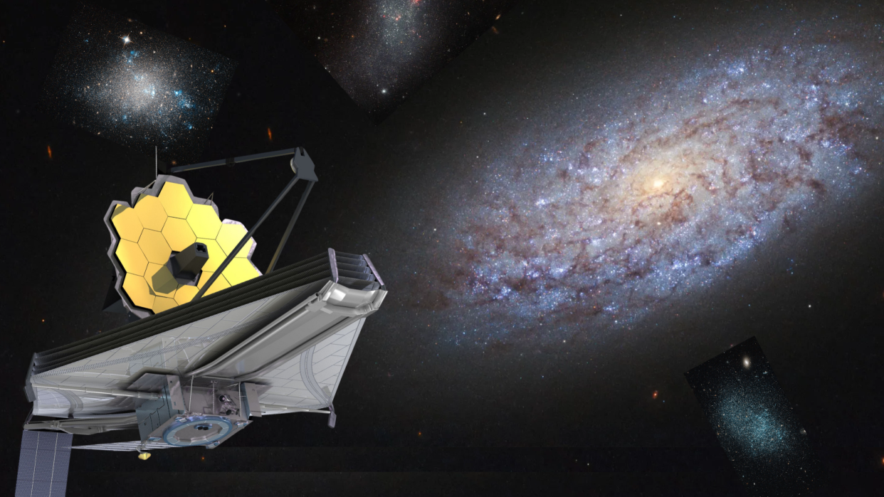  An illustration shows the James Webb Space Telescope as it studies an array of dwarf galaxies. 