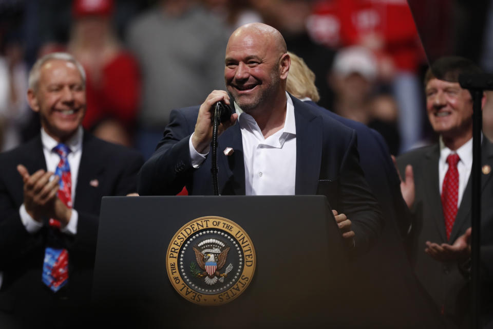 Dana White, president of the Ultimate Fighting Championship, speaks at the behest of President Donald Trump at a campaign rally Thursday, Feb. 20, 2020, in Colorado Springs, Colo. (AP Photo/David Zalubowski)