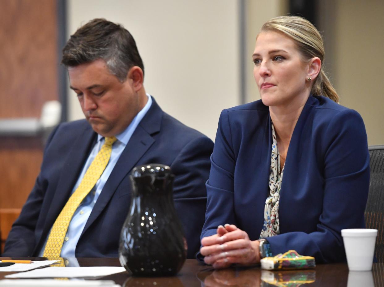 Christian and Bridget Ziegler listen to arguments Thursday, May 16, 2024 during a hearing in front of Judge Hunter Carroll in Sarasota. The Zieglers filed suit against the City of Sarasota, Sarasota Police Department and the 12th Judicial Circuit State Attorney's Office to stop the release of records obtained during closed criminal investigations into video voyeurism and sexual battery by Christian Ziegler. Ziegler was not charged in either case.