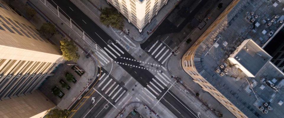 Aerial view looking straight down on to Los Angeles' city streets.