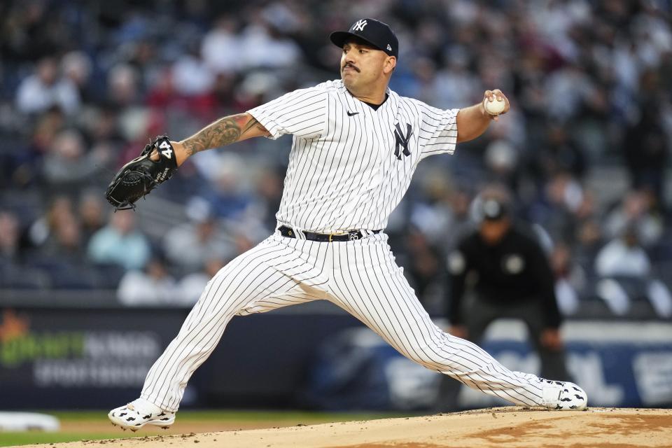 New York Yankees' Nestor Cortes pitches during the first inning of an baseball game against the Philadelphia Phillies, Monday, April 3, 2023, in New York. (AP Photo/Frank Franklin II)