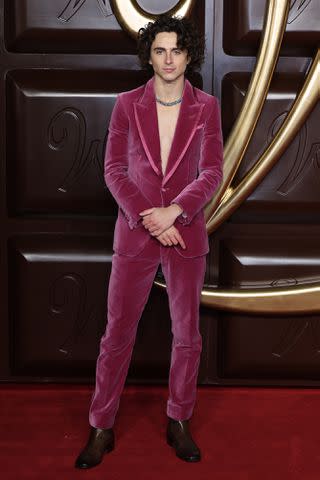 <p>Neil Mockford/FilmMagic</p> Timothee Chalamet at the "Wonka" World Premiere at The Royal Festival Hall on November 28, 2023 in London,