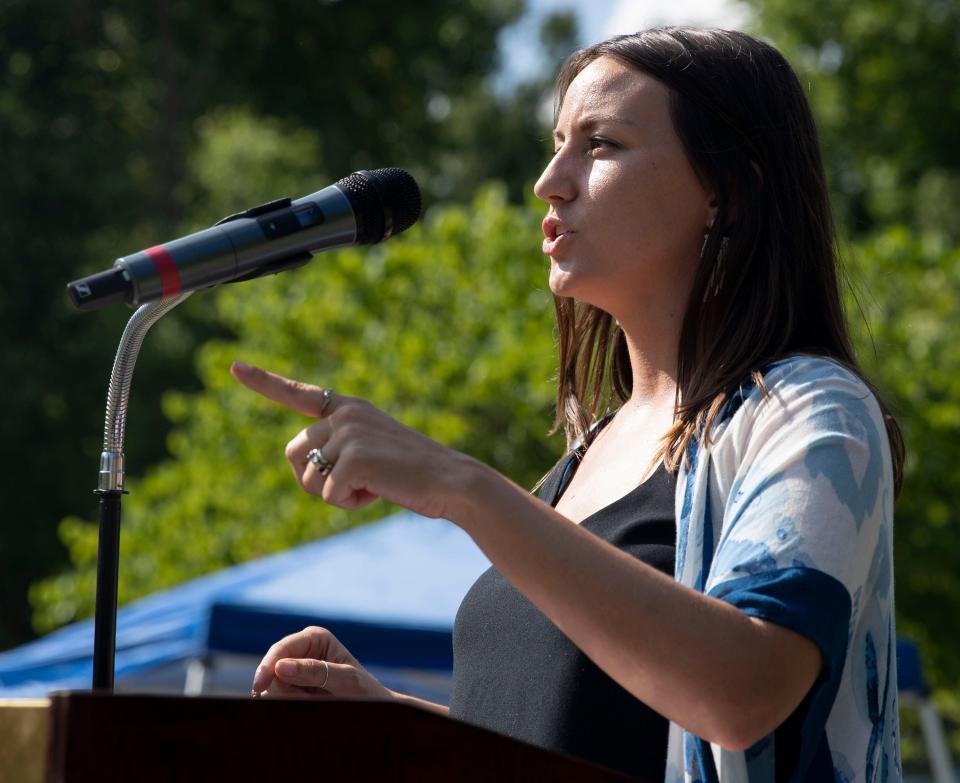 Protect Our Aquifer Executive Director Sarah Houston speaks during a celebration for the one year anniversary of the cancellation of the Byhalia Pipeline on Saturday, July 2, 2022, at Alonzo Weaver Park. The event featuring free food and speeches celebrated the fight that stopped the crude oil pipeline from being built through Boxtown. 