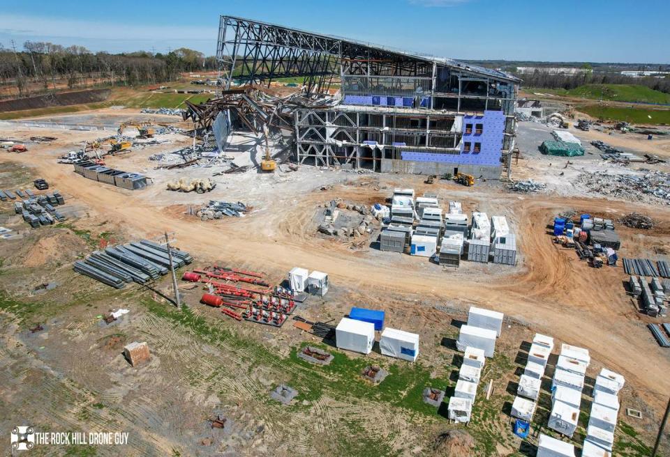 Demolition is underway Wednesday, March 8, 2023 at the failed Carolina Panthers training facility site in Rock Hill, S.C. Aaron Longstreth/Special to The Herald