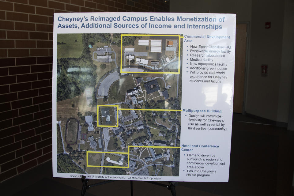 A map board shows future plans for Cheyney University campus during a news conference at the school Tuesday, March 5, 2019 in Philadelphia. The nation's oldest historically black college, which has struggled with plummeting enrollment and financial woes in recent years, has announced a plan intended to balance the school's budget and lure new, top-tier students. (Jose F. Moreno/The Philadelphia Inquirer via AP)