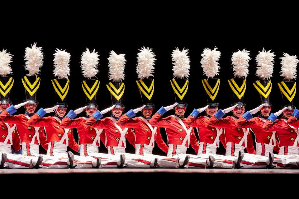 The Radio City Rockettes perform "Parade of the Wooden Soldiers" in The Christmas Spectacular. The precision dance team has performed some version of the wooden-soldiers number since 1933.