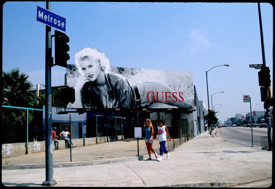 LOS ANGELES CA - AUGUST 6: Anna Nicole Smith features on a Guess advertisement on Melrose Avenue August 8, 1993 West Hollywood , Los Angeles, California ( Photo by Paul Harris/Getty Images )