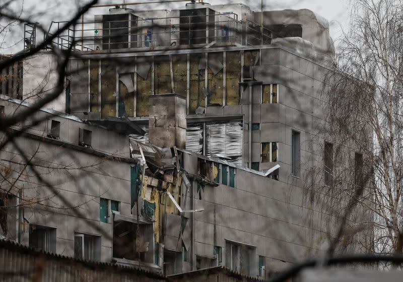 A general view shows a building damaged in the night by Russian drone strikes in Kyiv