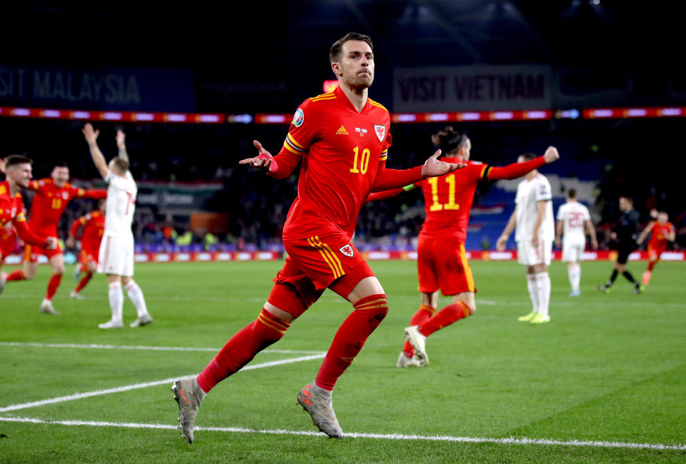Wales' Aaron Ramsey celebrates scoring his side's second goal of the game during the UEFA Euro 2020 Qualifying match at the Cardiff City Stadium. (Photo by Nick Potts/PA Images via Getty Images)