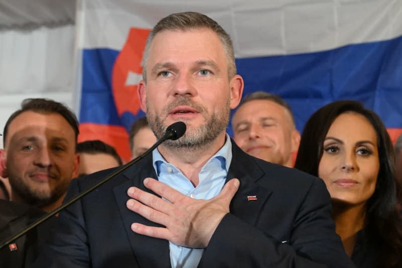 Presidential candidate and Speaker of the National Council of the Slovak Republic Peter Pellegrini (C) speaks on the results of the second round of the direct election of the new Slovak president. Social democratic parliamentary speaker Peter Pellegrini looked set to win the decisive second round of the presidential election in Slovakia. Šálek Václav/CTK/dpa