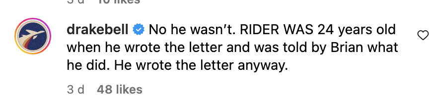 Screenshot of Drake Bell's comment on Instagram
