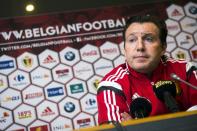 Belgium's football team coach Marc Wilmots speaks during a press conference on March 23, 2016 in Brussels ahead to their friendly match against Portugal