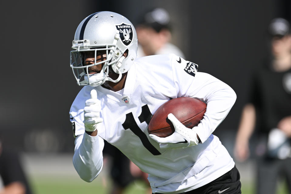 Jul 26, 2023; Las Vegas, Nevada, USA; Las Vegas Raiders wide receiver Phillip Dorsett (11) runs a drill during training camp at the Intermountain Health Performance Center. Mandatory Credit: Candice Ward-USA TODAY Sports