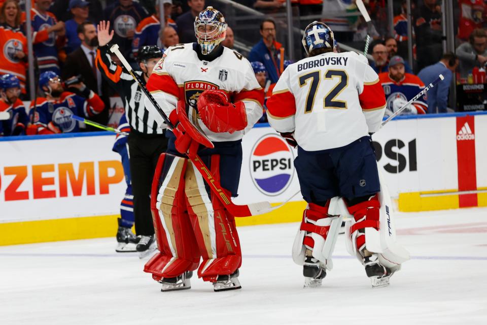 Jun 15, 2024; Edmonton, Alberta, CAN; Florida Panthers goaltender Anthony Stolarz (41) relieves Sergei Bobrovsky (72) in the second period against the Edmonton Oilers in game four of the 2024 Stanley Cup Final at Rogers Place. Mandatory Credit: Perry Nelson-USA TODAY Sports