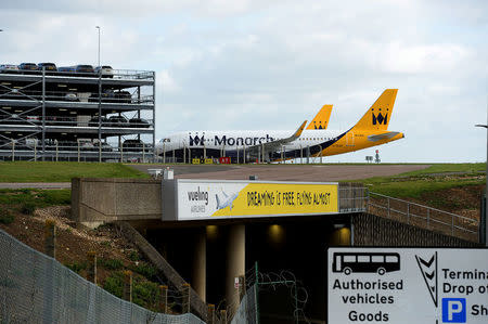 Two grounded Monarch aircraft after the airline ceased trading, at Luton airport, Britain October 2, 2017. REUTERS/Mary Turner