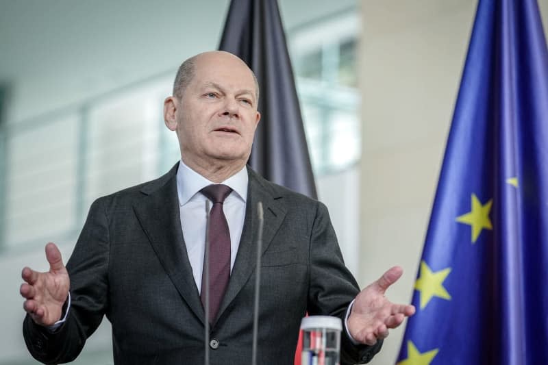 German Chancellor Olaf Scholz gives a press conference in the German Chancellery. Kay Nietfeld/dpa