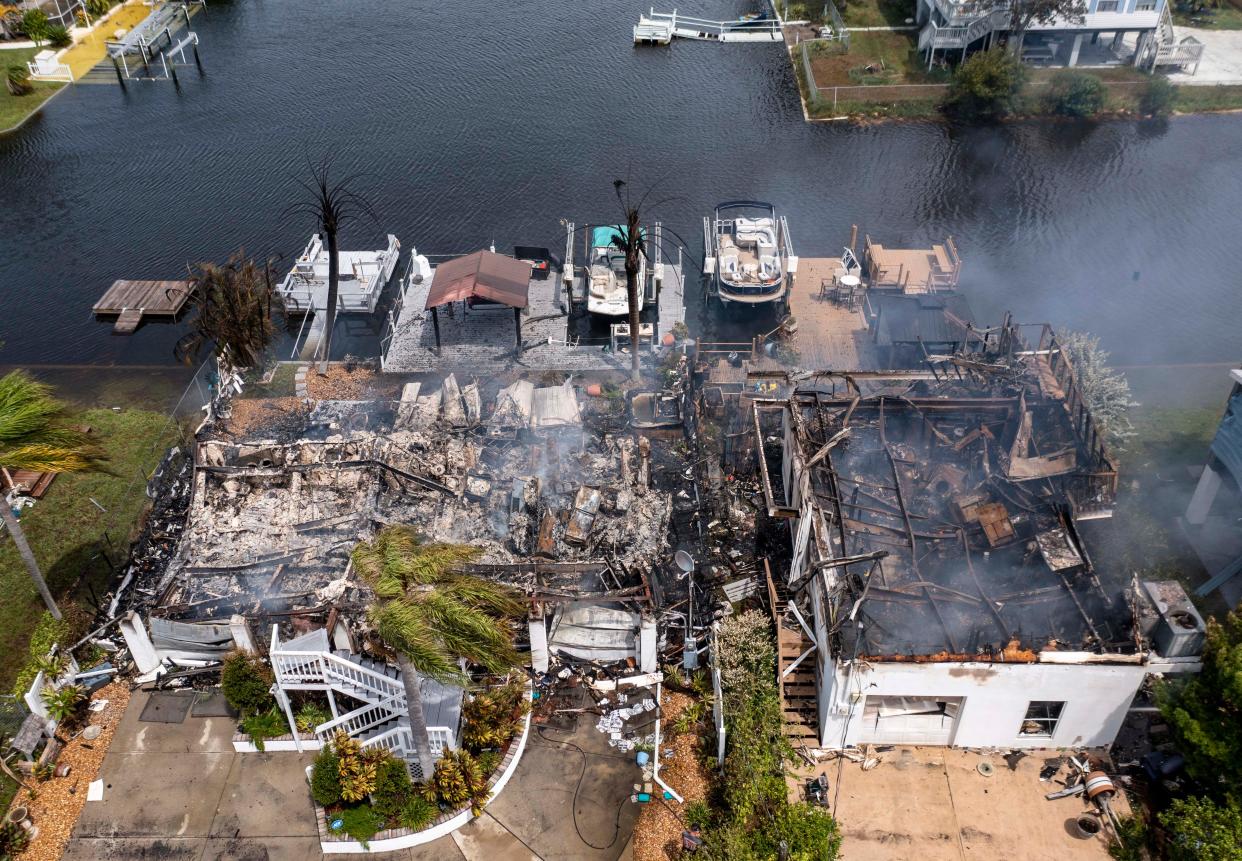 Two homes were destroyed by fire during Hurricane Idalia in Hudson, Florida on August 30, 2023.