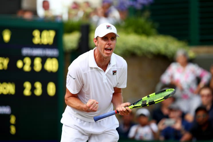 Sam Querrey shouts for joy after a five-set win over Kevin Anderson. (Getty)
