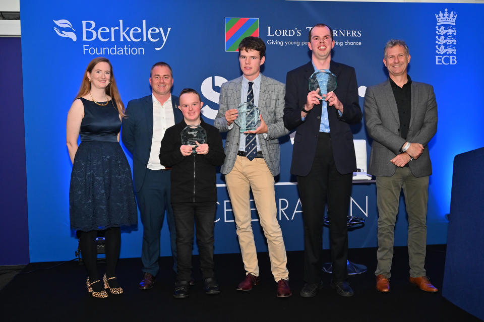 James Grindrod, centre, poses with his Lord's Taverners Super 1s Inspire Award winners at the home of cricket