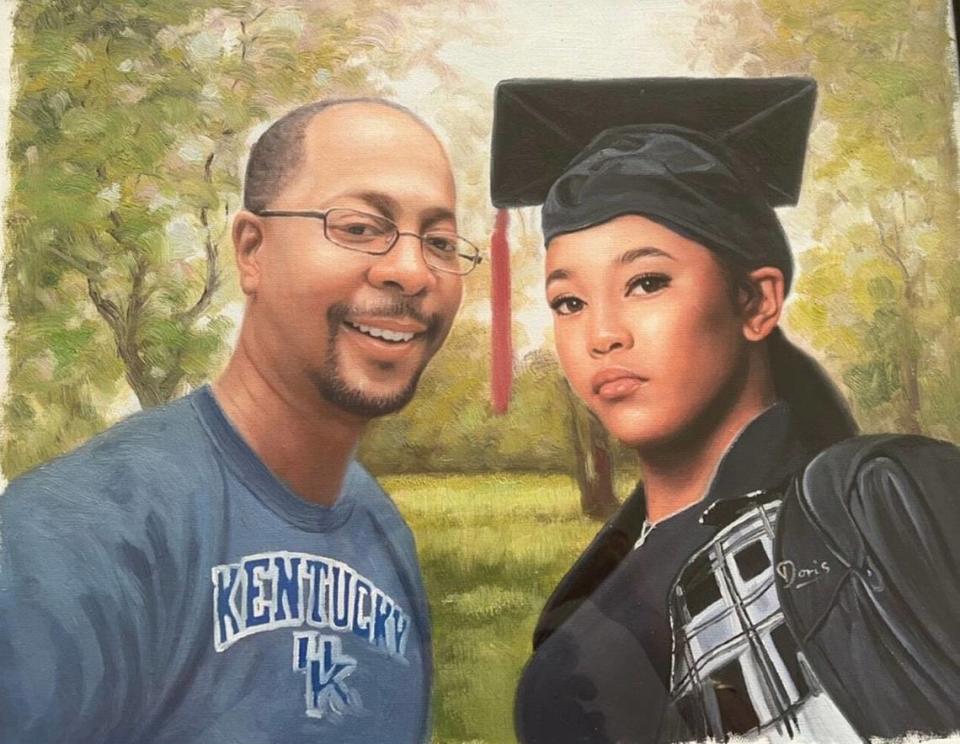 KaLeah Steede, 17, said the portrait of her father wearing a University of Kentucky shirt alongside Steede in her cap and gown “means a lot” to her in the aftermath of her dad’s recent passing.