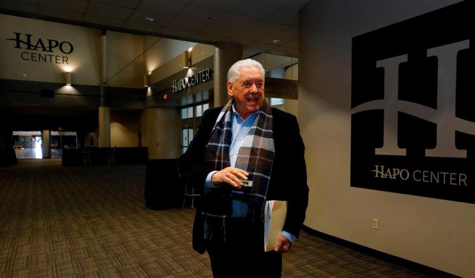 Larry Leasure of HWL Management stands in the atrium near the offices for the HAPO Center in Pasco. Leasure is part of a management team reviewing the property and area in preparation of submitting recommendations for a master plan for the facility.